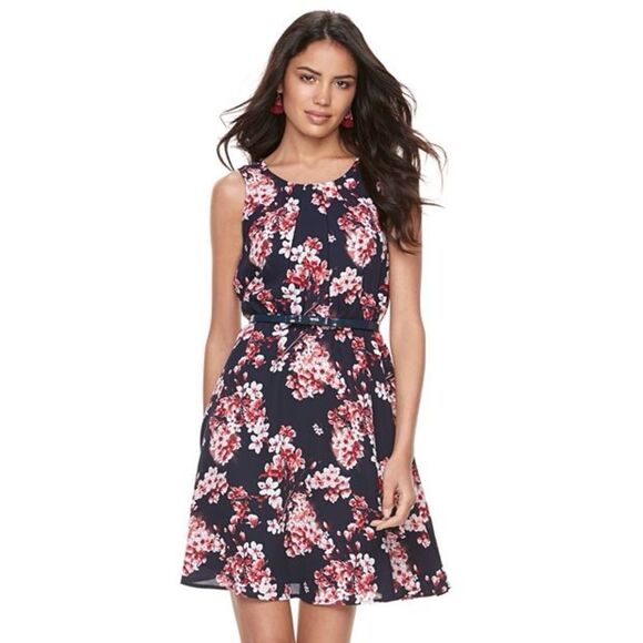 Elle Navy Blue Pink Floral Cherry Blossom Sleeveless Dress Size Small - Picture 1 of 11